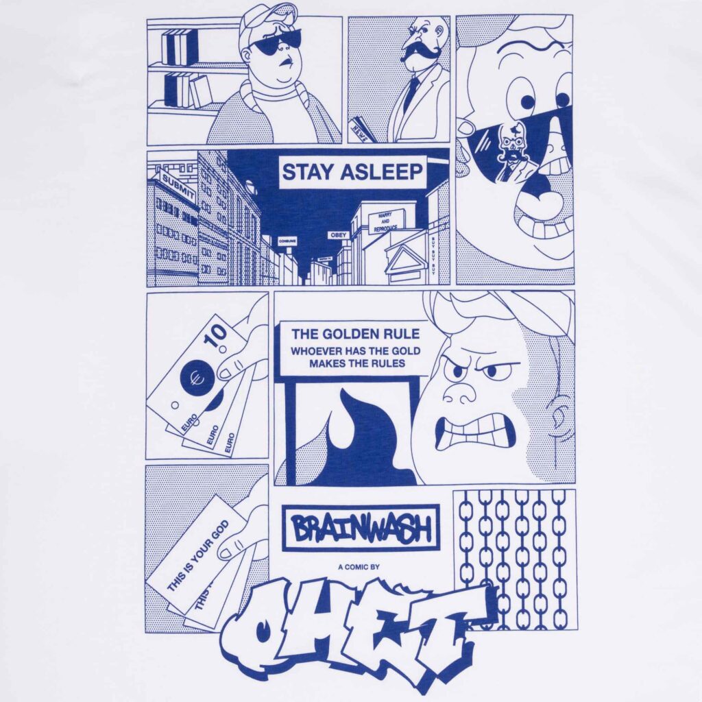 white t-shirt with comic style print – ohet clothing